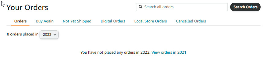 Image of Amazon orders stating 0 orders placed in 2022