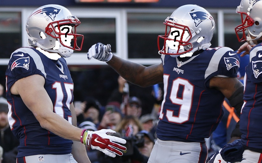 Dec 4, 2016; Foxborough, MA, USA; New England Patriots wide receiver Chris Hogan (15) celebrates with wide receiver Malcolm Mitchell (19) after catching a touchdown during the second quarter against the Los Angeles Rams at Gillette Stadium. Mandatory Credit: Greg M. Cooper-USA TODAY Sports