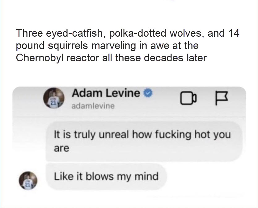 Caption on Adam Levine text saying Three eyed-catfish, polka-dotted wolves, and 14 pound squirrels marveling in awe at the Chernobyl reactor all these decades later