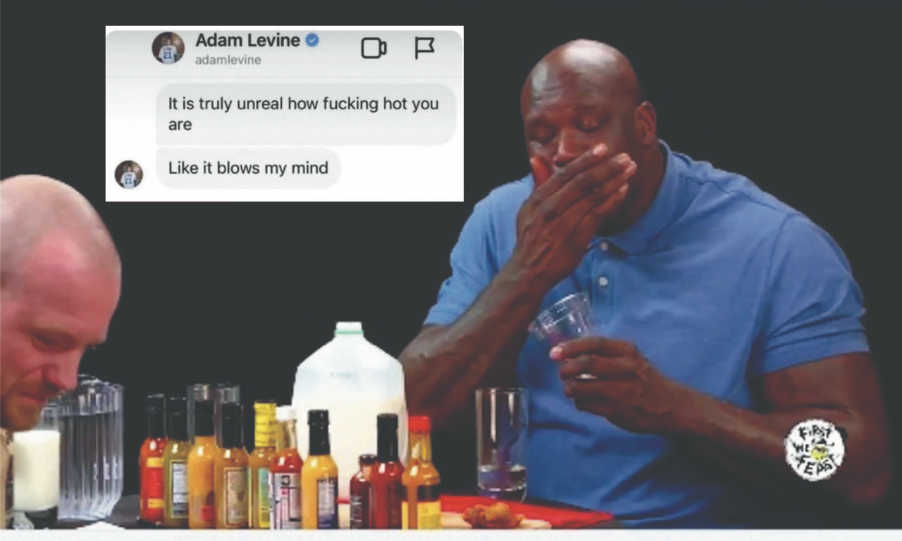 Screenshot from Hot Ones with Adam Levine DM overlaid