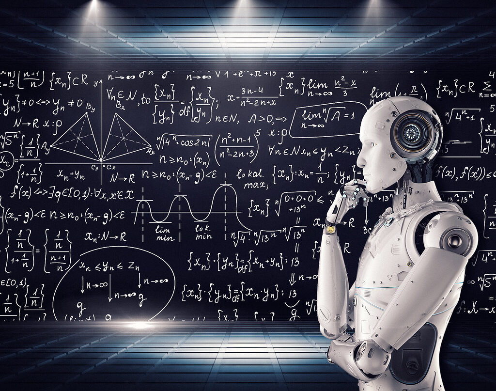 creative commons image of an AI robot in front of a chalkboard